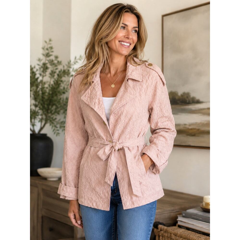 Donna Karan NWT $199 Blush Pink Cropped Trench Coat Belted Textured Jacket